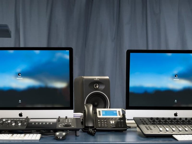Sala de edición con equipamiento de alta tecnología en el estudio de doblaje en Vigo